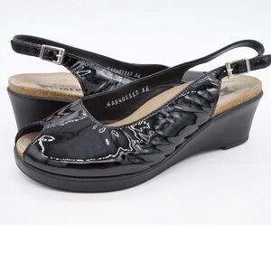 Mephisto Slingbacks Black Patent Leather Wedge Heel Platform Peep Toe Size 38